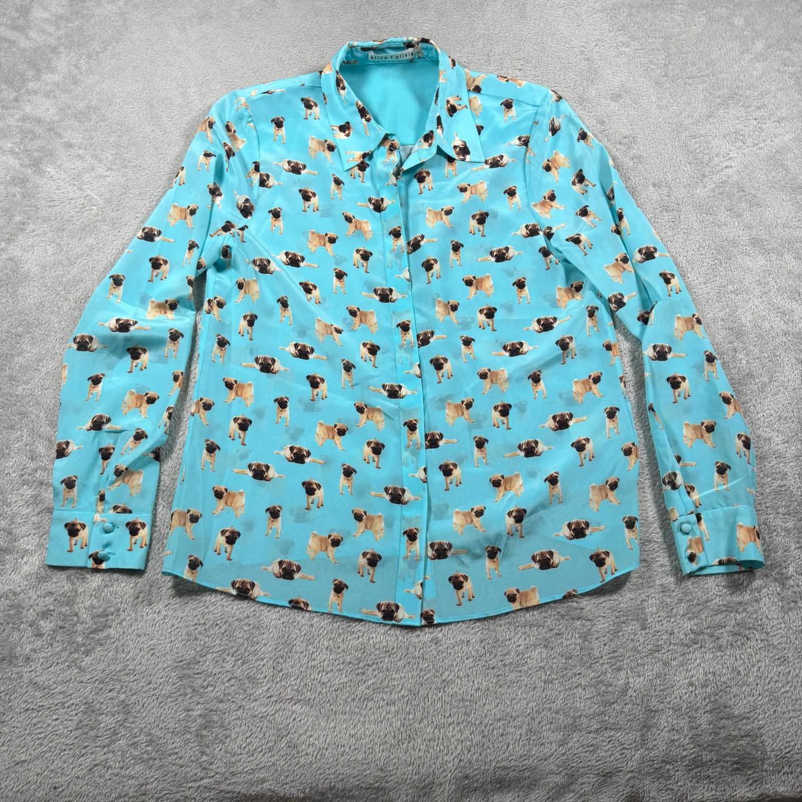 Alice + Olivia Blouse Womens Small Blue Aop Pug Print Silk Long Sleeve Button Up